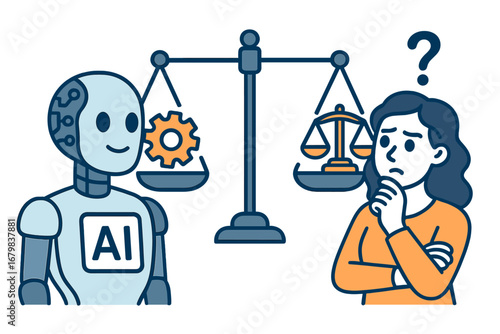 Artificial intelligence ethics concept with robot and human. Weighing technology versus justice on a scale. AI morality, law regulation, and future moral dilemma vector.