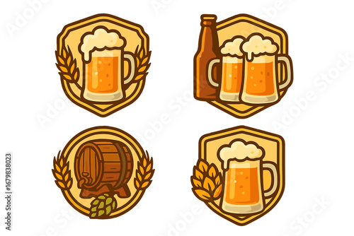 Set of beer logo badge designs. Vector cartoon illustration for brewery, pub, or bar. Includes beer mug, bottle, barrel, wheat, and hops. Craft beer emblem collection.