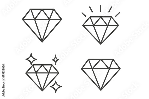 Diamond outline icon set with editable stroke. Gemstone, jewel, crystal, brilliant vector symbols. Concept of luxury, wealth, success, quality, value. Precious gem line art.