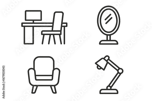 Furniture and interior design outline icon set. Vector line symbols of workplace, desk, mirror, armchair, and table lamp. Home and office furnishing pictograms for web.