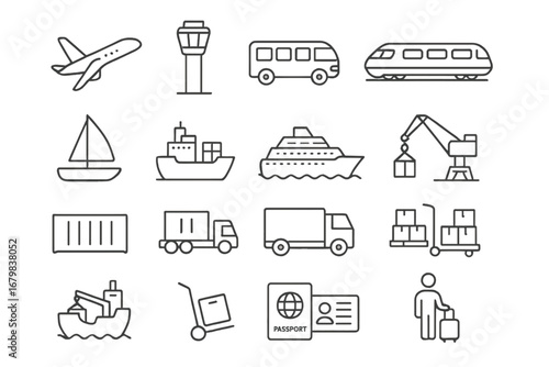 Transportation, logistics, and shipping icon collection. Passenger travel and cargo freight delivery service. Thin line vector icons of plane, ship, truck, train, bus, passport.