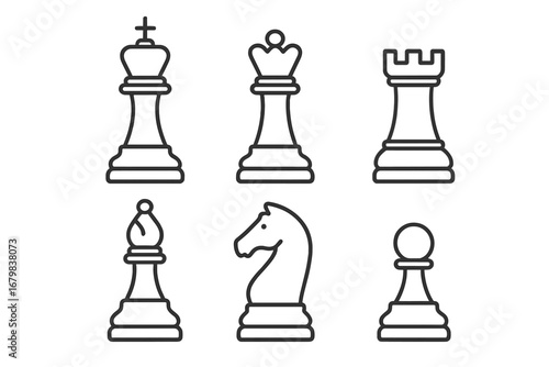 Chess figure outline icon set. King, queen, bishop, knight, rook, pawn. Concept of strategy, game, business, leadership, competition. Vector linear pictogram collection.