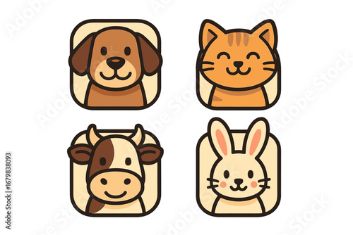 Cute animal icon set with dog, cat, cow, and rabbit characters. Vector cartoon illustration for pet shop logo, farm animal avatar, or mobile app button. Simple flat design.