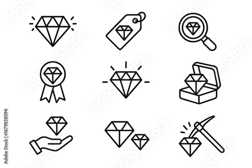Diamond line icon set for quality, value, and luxury. Brilliant gem, jewelry box, award ribbon, mining pickaxe, price tag, magnifying glass. Premium vector symbols.