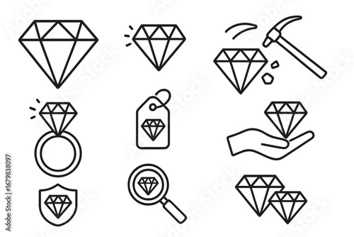Diamond line icon set vector collection. Gemstone, jewel, ring, mining, and quality concepts. Luxury, wealth, and engagement symbols. Editable stroke for infographics.