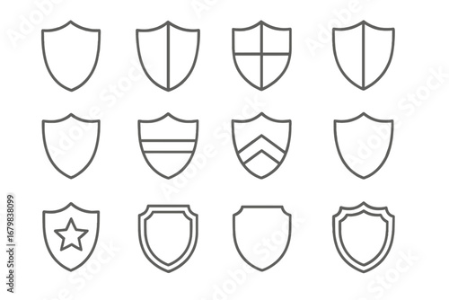 Shield icon set. Security, protection, and safety symbols. Vector line art emblems for logo, UI, web design. Guard, crest, and badge outline collection. Editable stroke.