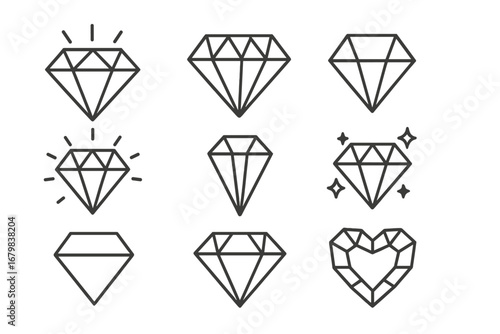 Diamond line icon set. Gemstone, crystal, jewel outline symbols. Luxury, wealth, brilliant concept. Simple jewelry pictogram collection for logo, web, infographic design.