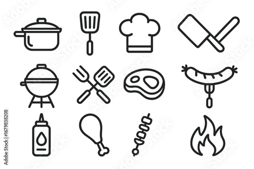 Barbecue and kitchen food cooking icon set. Modern outline style vector symbols for grill party menu, web, or app design. Includes steak, sausage, kebab, and chef hat.