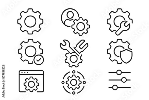 Mechanism settings gear icons line style for web apps, interface tools, maintenance, system configuration, process optimization, security, engineering, user management, editable vector illustration