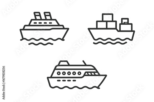 Simple line icons collection of passenger ship, cargo vessel, and cruise liner. Editable stroke vector set for transport, travel, shipping, logistics, maritime infographics, app, book, and ad design