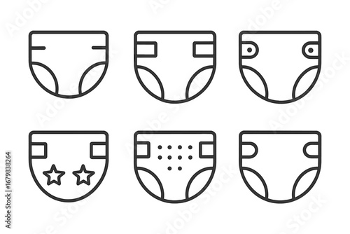 Diaper icon set vector. Nappy pictogram collection. Baby care, hygiene, and newborn essentials. Simple outline symbols for disposable diapers. Editable stroke line art illustration.