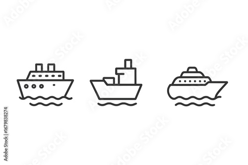 Ship and boat line icon set. Vector collection of cruise, passenger ferry, and cargo freighter symbols. Editable stroke for transport, maritime, and travel design concepts.