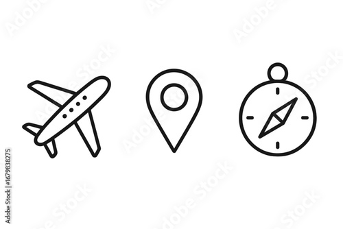 Airplane Map Pin Compass Vector Icon Set. Travel Navigation Outline Symbols for Web Design Apps Advertisement. Flight Location Marker Compass Direction Adventure Concept Graphic Elements