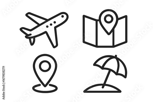 Travel and vacation line icon set. Contains airplane, flight, map, location pin, and beach umbrella symbols. Thin outline vector pictograms for tourism, web, and app design.