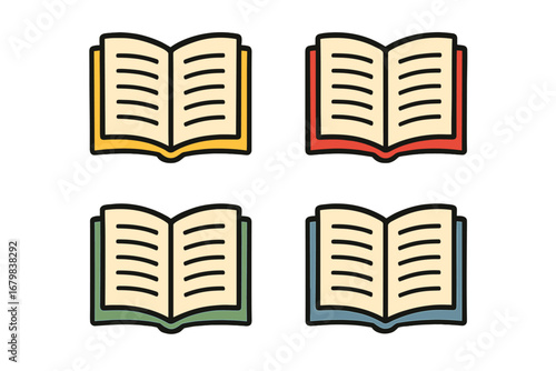 Open book icons bundle. Minimalist linear vector set. Colorful cartoon open book pictograms for web, app, banner, template, social media, library, reading, education or publishing design.