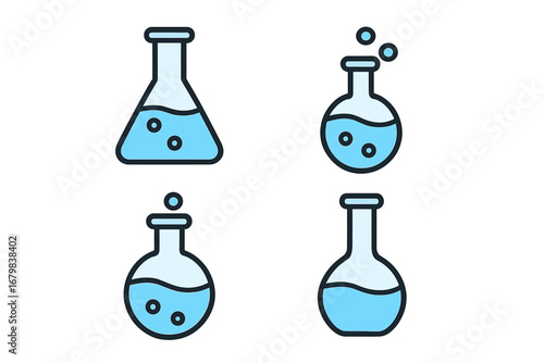 Chemistry lab flask and beaker icon set. Chemical laboratory glassware with liquid. Science, biology, research, experiment symbols. Vector line art illustration for education.