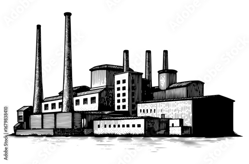 Vintage factory complex in black and white woodcut style