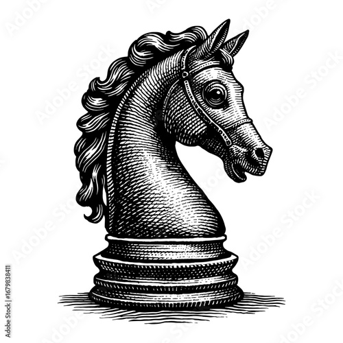 Сhess knight in a woodcut style, in black and white
