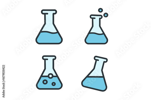 Laboratory flask vector icons set. Blue liquid chemical experiment glassware. Minimalist linear cartoon style science beakers for web, app, banner, educational graphic design, stock illustration