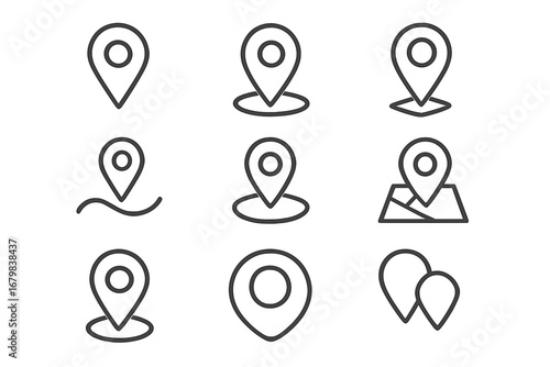 Map pin line icon set. Location marker, navigation pointer, and destination symbol collection. Minimalist linear pictogram for web design, apps, UI, UX. Vector GPS geotag.