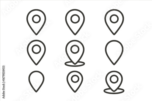 Map pin line icon set. Location marker, pointer, and geotag symbols. Simple outline pictogram collection for navigation, destination, GPS, and route concepts. Vector for UI, UX.