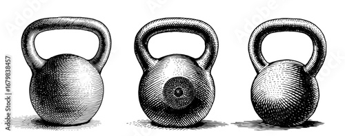 Kettlebells in a black and white woodblock style