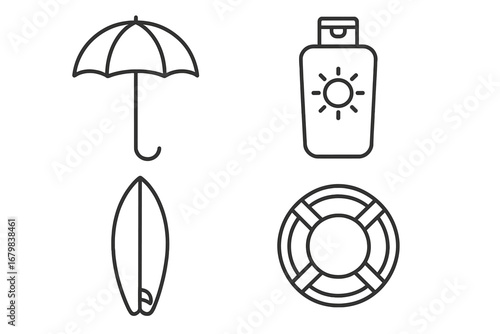 Set of summer beach line icons. Vector symbols of umbrella, sunscreen, surfboard, and lifebuoy. Sun protection, water safety and surfing concept for web, app, infographic.