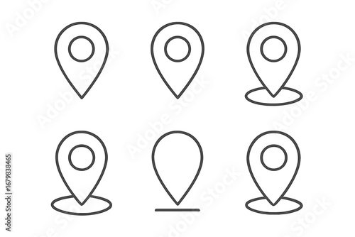 Map pin location marker line icon set. GPS navigation pointer symbol collection. Minimalistic outline pictogram for web, app, UI, UX design. Vector address destination sign.