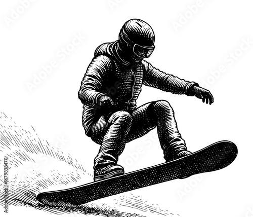 Snowboarder in mid-air captured in a woodcut style