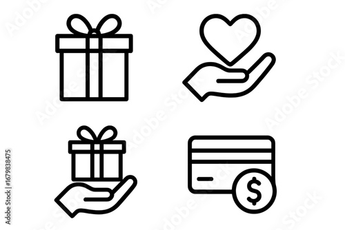 Gift box, hand holding heart, charity donation, online credit card payment icons. Modern outline style vector set for finance, fundraising, giving, nonprofit, e-commerce, holiday, app design.