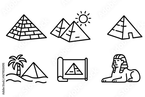 Ancient Egypt Pyramid Thin Line Icon Set. Editable Stroke Egypt Pyramids, Sphinx, Palm, Scroll, Desert, Landmark Symbols. Outline Graphic Vector for Web, App, Book, Print, Transparent Background