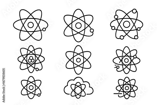 Science atom icon set, vector atomic structure symbols, editable stroke line design, perfect for web, app, poster, educational materials, UI elements, chemistry, physics, transparent background