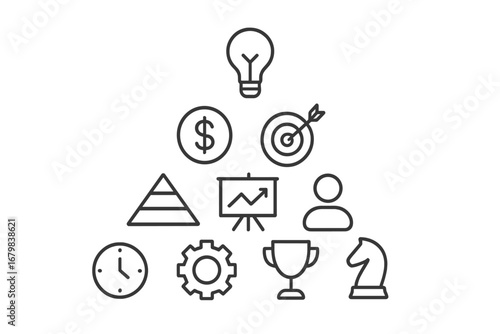 Business strategy thin line icons collection, financial success, goal achievement, innovation, time management, leadership, teamwork, presentation, marketing, vision, vector editable stroke