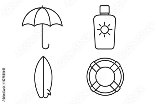 Summer beach icon set. Thin line art vector. Umbrella, sunscreen, surfboard, and lifebuoy symbols. Sun protection, water safety, surfing, and travel concepts for web design.