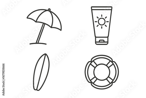 Summer vacation icon set with beach umbrella, sunscreen, surfboard, lifebuoy. Thin line art for web, apps. Vector symbols for sun protection, water sports, and beach safety.