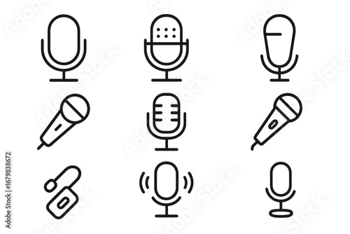 Microphone line icon set. Audio recording and sound symbols. Mic collection for podcast, radio, studio, music, or voice recording. Vector outline pictogram for web and app design.