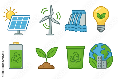 Renewable green energy icon set. Solar panel, wind turbine, hydro power. Sustainable, eco friendly practices. Environmental conservation, recycling, ecology cartoon vector icons.