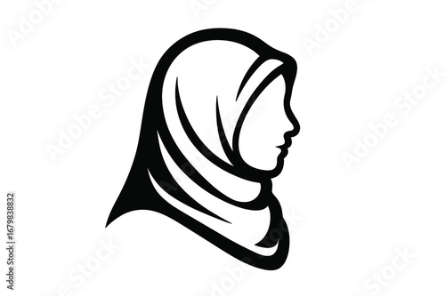 Muslim woman in hijab silhouette vector logo. Islamic girl head profile icon. Arabic female in traditional headscarf. Modesty fashion and beauty symbol for brand identity.
