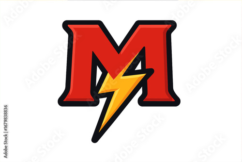 Letter M thunder logo vector design. Flash power energy symbol. Electric bolt icon. Superhero comic logotype. Red initial M with lightning for sports team or gaming mascot.
