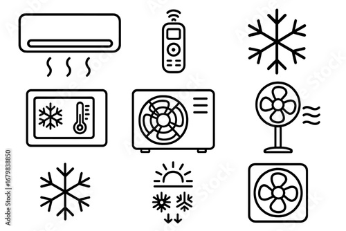 Air conditioner cooling icons set. Vector outline symbols of room air conditioning, remote control, fans, temperature, snowflake, summer and winter modes, ventilation. HVAC line design illustration.