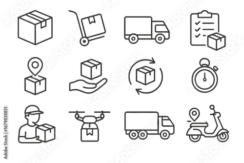 Delivery Logistics Courier Service Line Icons Set. Shipping Package, Tracking, Express Transport, Cargo Truck, Scooter, Parcel Hand, Drone, Stopwatch, Deliveryman. Outline Vector Illustration