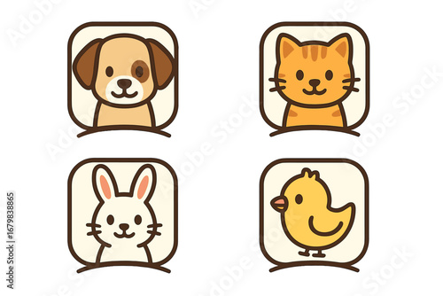 Cute pet and farm animal icon set. Vector cartoon illustration of dog, cat, rabbit, and chick characters. Adorable kawaii mascot logo collection for kids or veterinary clinic.