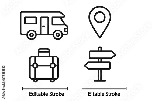 Motorhome travel icon set with map pin, baggage, and direction pointer. Vector line art for road trip, vacation, camping, and navigation concepts. Editable stroke illustration.