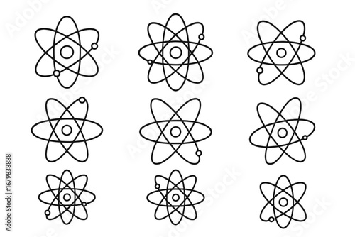 Atomic Structure Icon Set for UI, Educational Placards, Books, Mobile Apps. Editable Stroke Science Symbols. Perfect for Websites, Cards, STEM Learning Resources. Vector Illustration Isolated