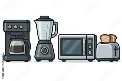 Kitchen appliances vector icon set. Coffee maker, blender, microwave, and toaster. Modern flat cartoon illustration of home cooking equipment isolated on white background.