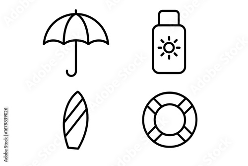 Beach vacation icon set with thin line symbols. Umbrella, sunscreen, surfboard, lifebuoy outline icons. Summer travel and sun safety vector graphics for web and apps.