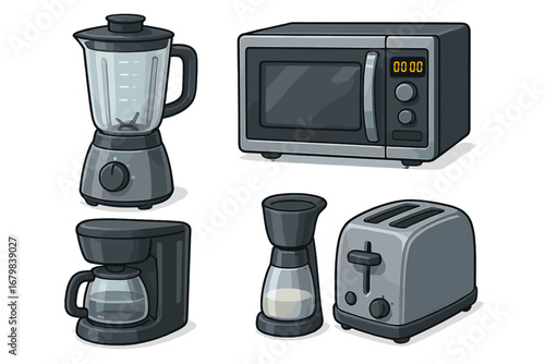 Collection of kitchen appliances in a modern cartoon style. Vector illustration set of household equipment icons. Includes blender, microwave, toaster, and coffee maker.