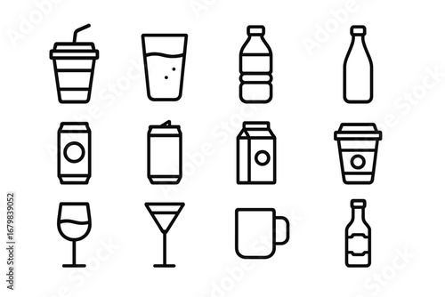 Beverage and drink line icon set. Simple outline symbols for coffee, water, soda, milk, juice, alcohol. Vector collection of bottle, can, glass, cup, and mug icons.