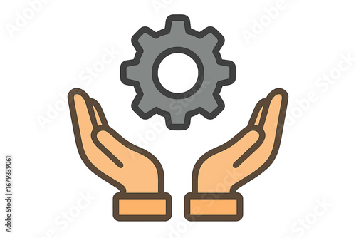 Hands holding gear icon. Technical support, service and maintenance concept. Business technology solution. Process management, development and settings vector pictogram.
