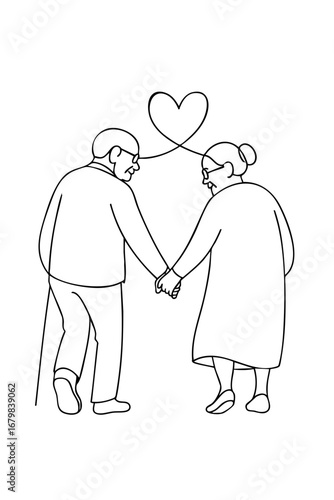 Elderly Couple Holding Hands – Line Art Illustration